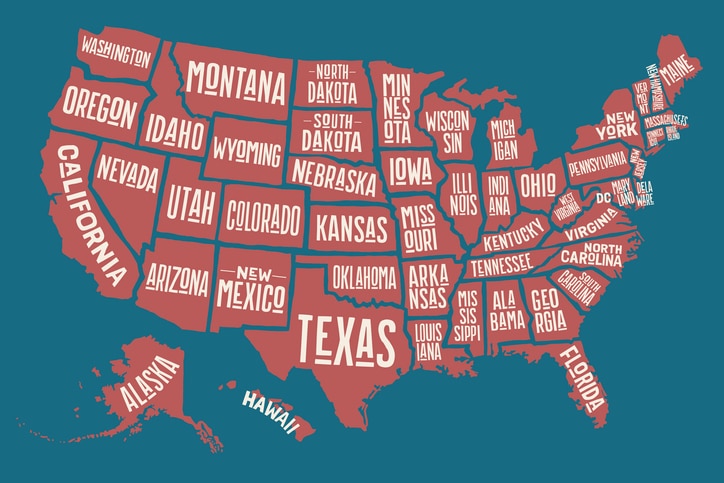 Poster map of United States of America with state names. Print map of USA for t-shirt, poster or geographic themes. Hand-drawn colorful map with states. Vector Illustration