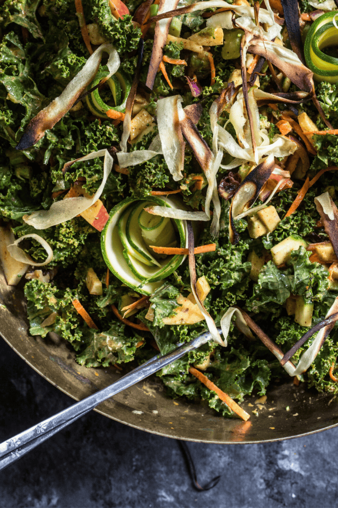 10-Minute Easy Bread Salad Recipe - Peach Panzanella. 22 kale salad in bowl with chopsticks