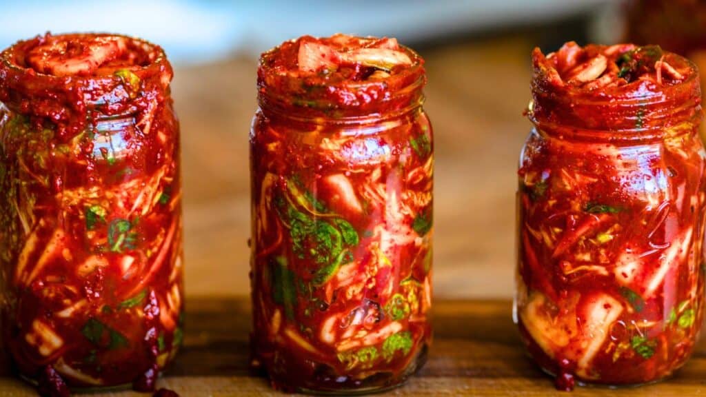 The BEST Vegan Kimchi (김치) Recipe (Easy & Homemade). 1 3 jars of vegan kimchi in a row