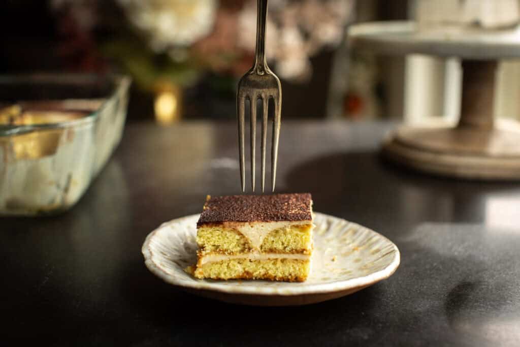 Dreamy Homemade Vegan Tiramisu Recipe (Easy & Delicious) 15 plated tiramisu with fork