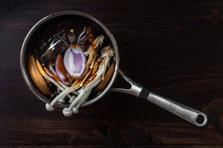 ingredients of vegan fish sauce in a saucepan