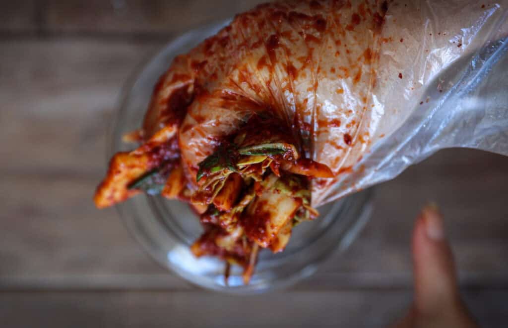 The BEST Vegan Kimchi (김치) Recipe (Easy & Homemade). 2 A hand in a clear plastic glove holds freshly made vegan kimchi above a glass bowl, with rich red seasoning visible on the vegetables. The background is a wooden surface.