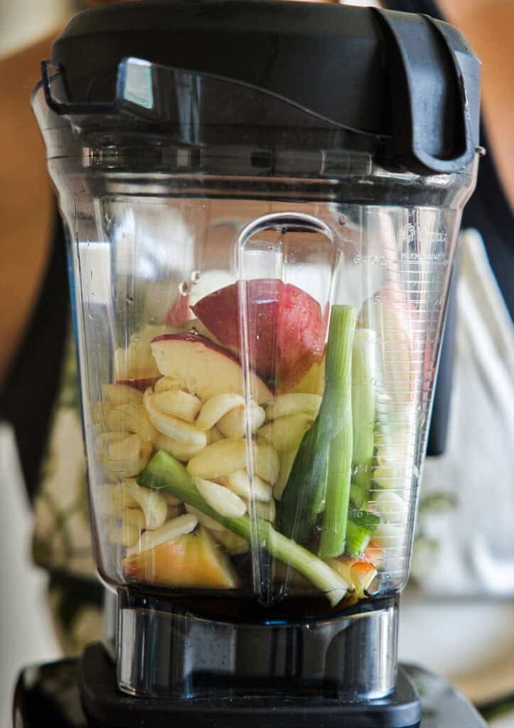 The BEST Vegan Kimchi (김치) Recipe (Easy & Homemade). 11 A blender full of rough chopped onion, scallion whites, garlic, ginger, apple, and plum syrup.