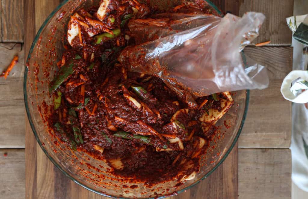 The BEST Vegan Kimchi (김치) Recipe (Easy & Homemade). 10 An empty plastic glove inside of the developing bowl of vegan kimchi.