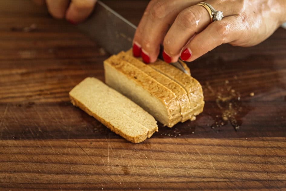 How to Make 4 Stunning Korean Kimbap Recipes. 8 baked tofu cutlet being sliced into batons