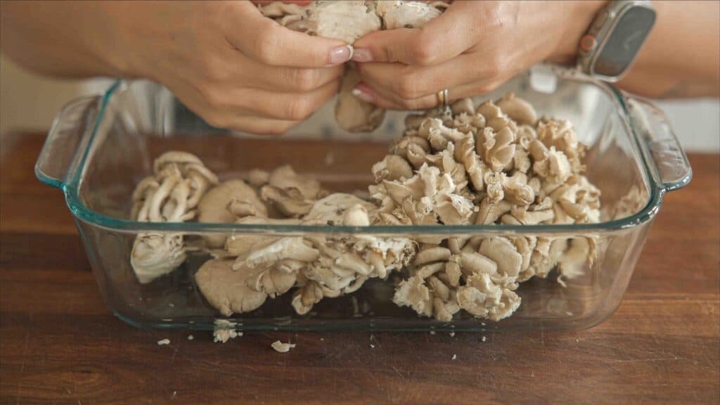 AMAZING Vegan Fried Chicken Recipe (2 Korean Sauces) 3 oyster-mushrooms-in-a-glass-tray-1