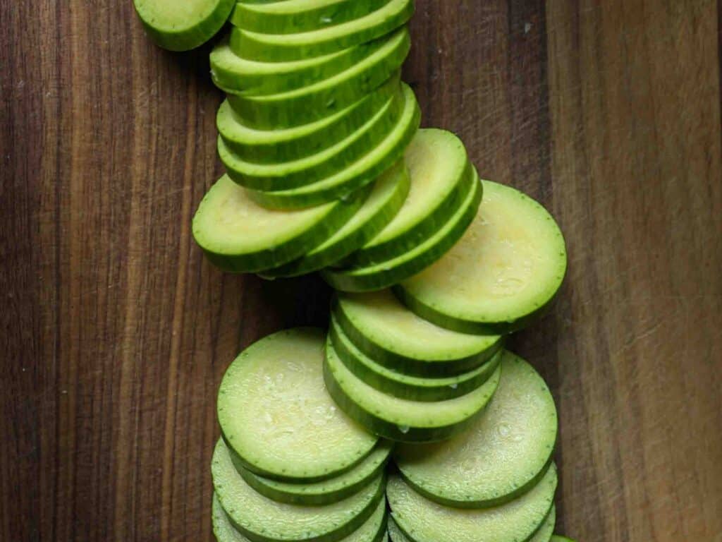 5 Easy Korean Zucchini Recipes (Banchan Side Dishes). 8 Sliced-Korean-zucchini-into-medallions