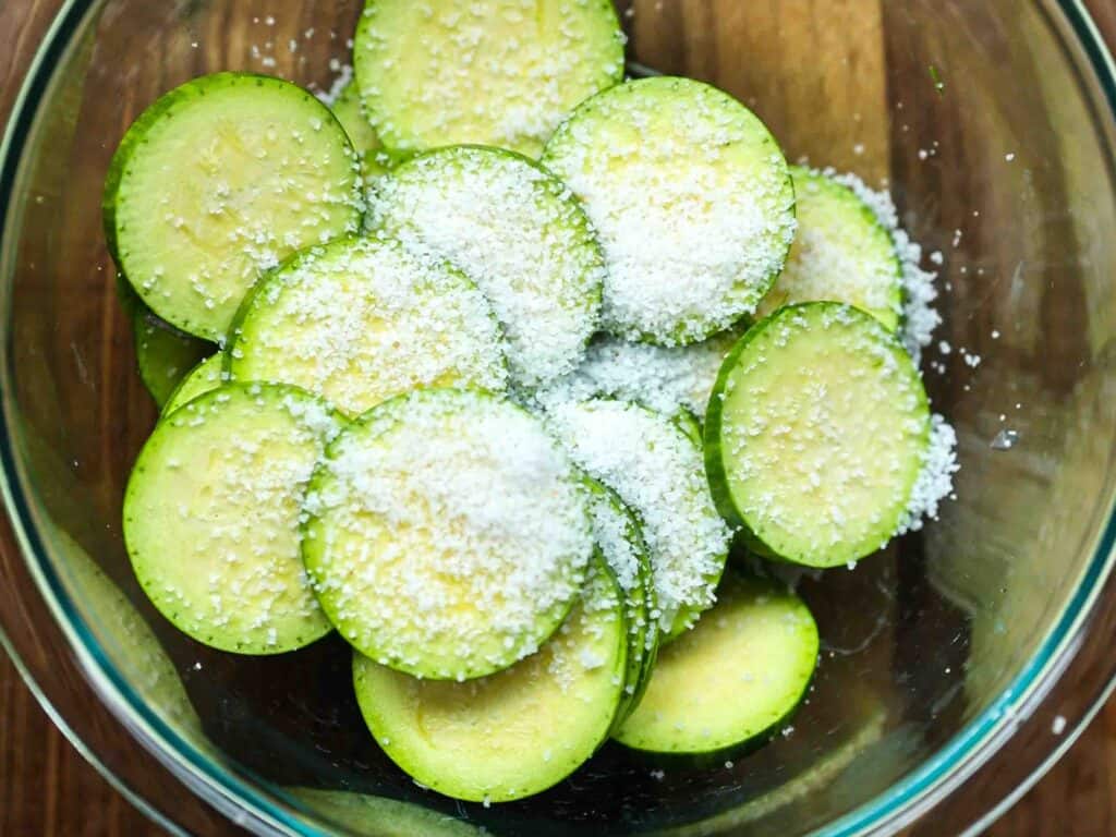 5 Easy Korean Zucchini Recipes (Banchan Side Dishes). 10 Sliced-Korean-zucchini-into-medallions-in-a-bowl-with-sea-salt