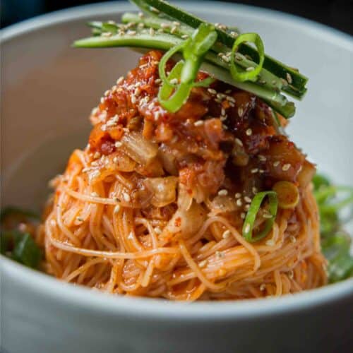 15-Minute Spicy & Cold Bibim Kimchi Noodles Recipe. 15 close up shot of bibim kimchi noodles