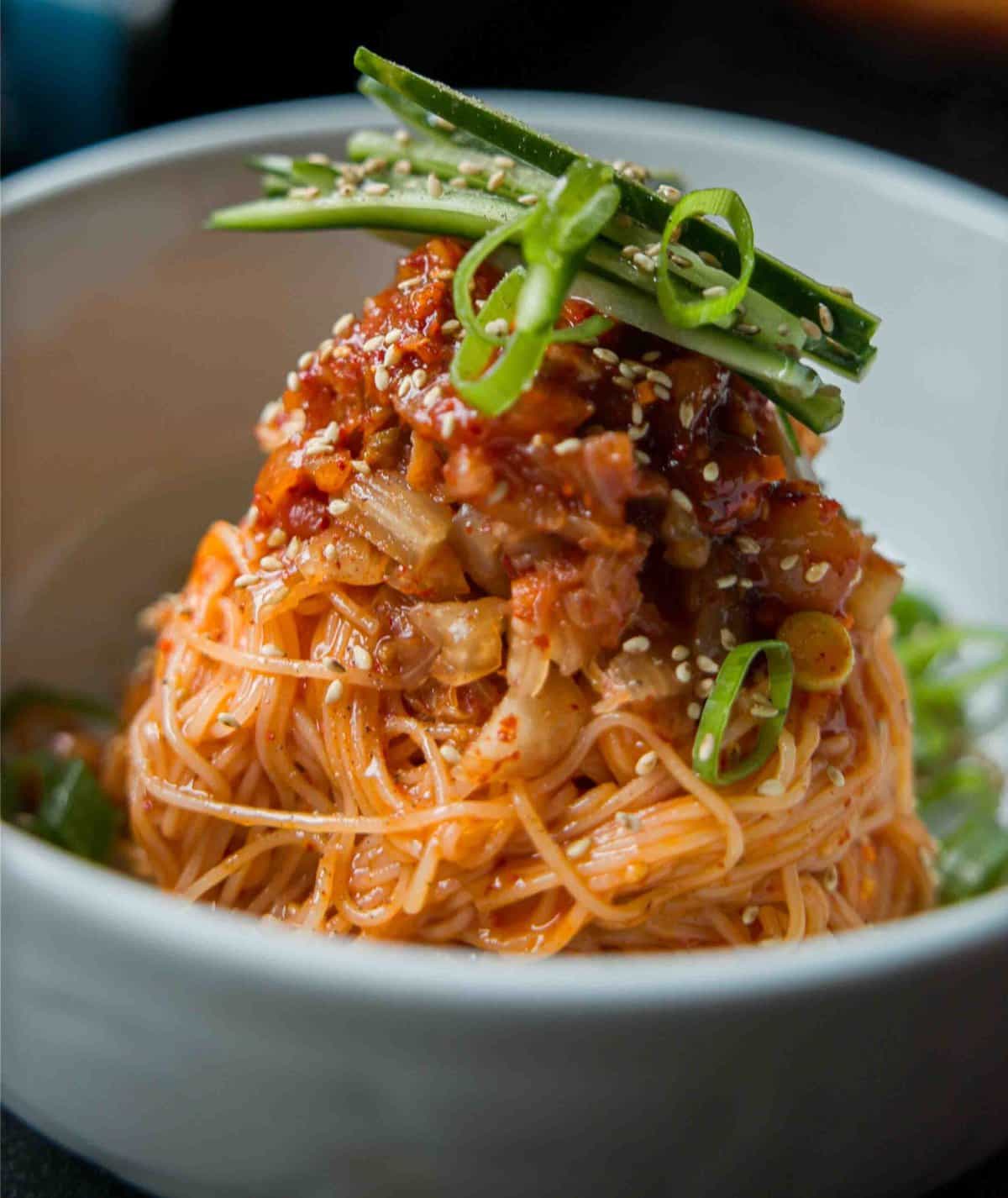 5-Ingredient Easy Chickpea Pasta Recipe (Pasta e Ceci). 23 close up shot of bibim kimchi noodles