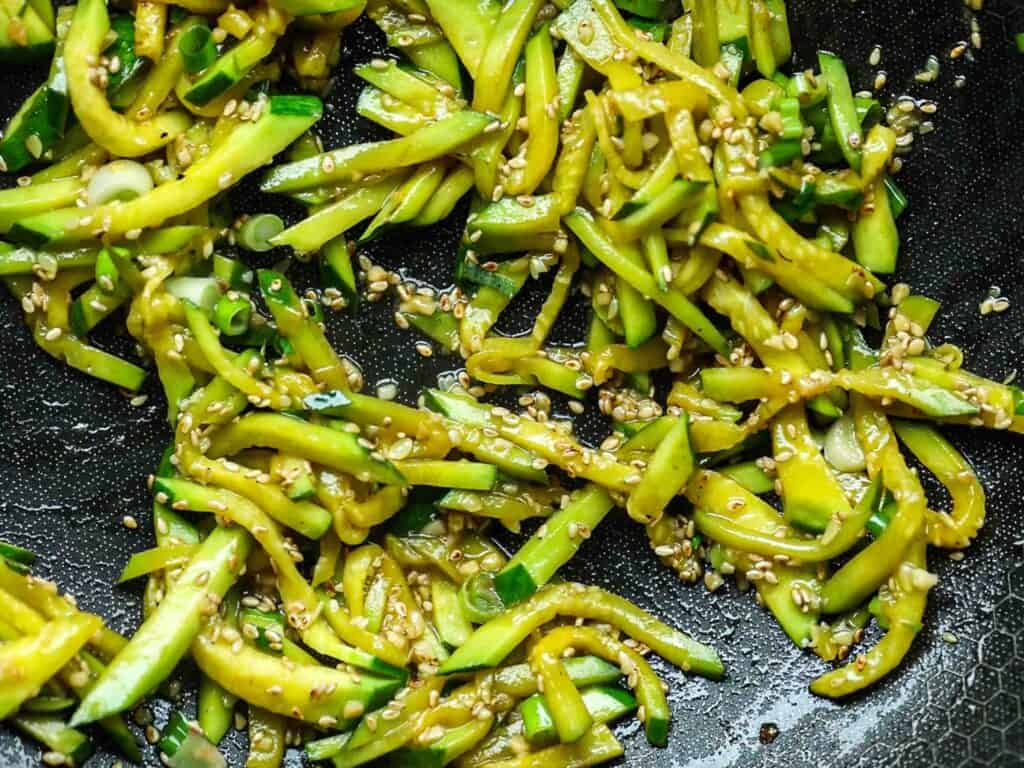 5 Easy Korean Zucchini Recipes (Banchan Side Dishes). 6 finished-korean-zucchini-banchan-cooking-in-pan