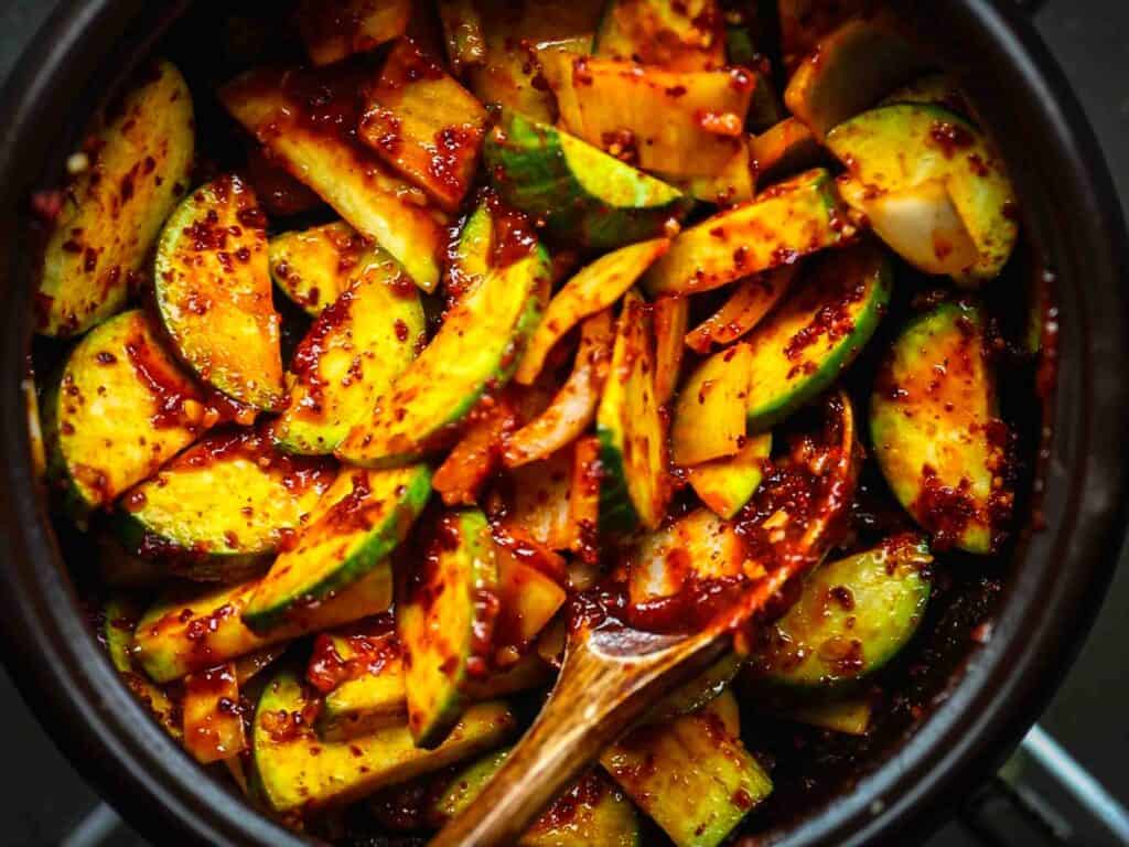 5 Easy Korean Zucchini Recipes (Banchan Side Dishes). 30 zucchini-and-gochugaru-and-gochujang-in-pot-for-gochujang-zucchini-jjigae