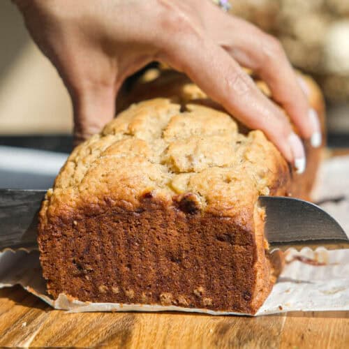 The BEST and FULLY VETTED Vegan Banana Bread Recipe. 13 cutting-vegan-banana-bread