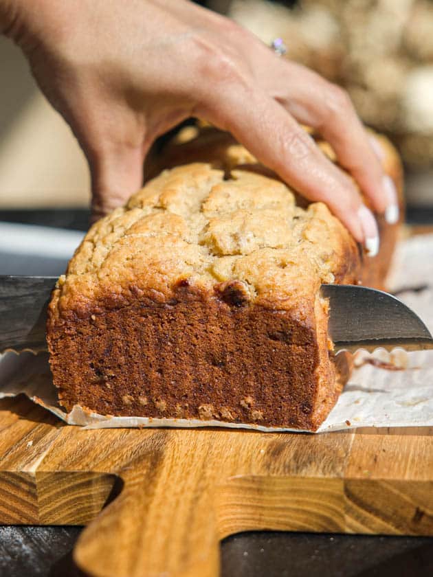 The BEST and FULLY VETTED Vegan Banana Bread Recipe. 12 cutting-vegan-banana-bread