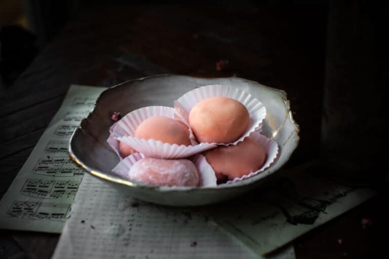 Hero shot of pink mochi in a bowl