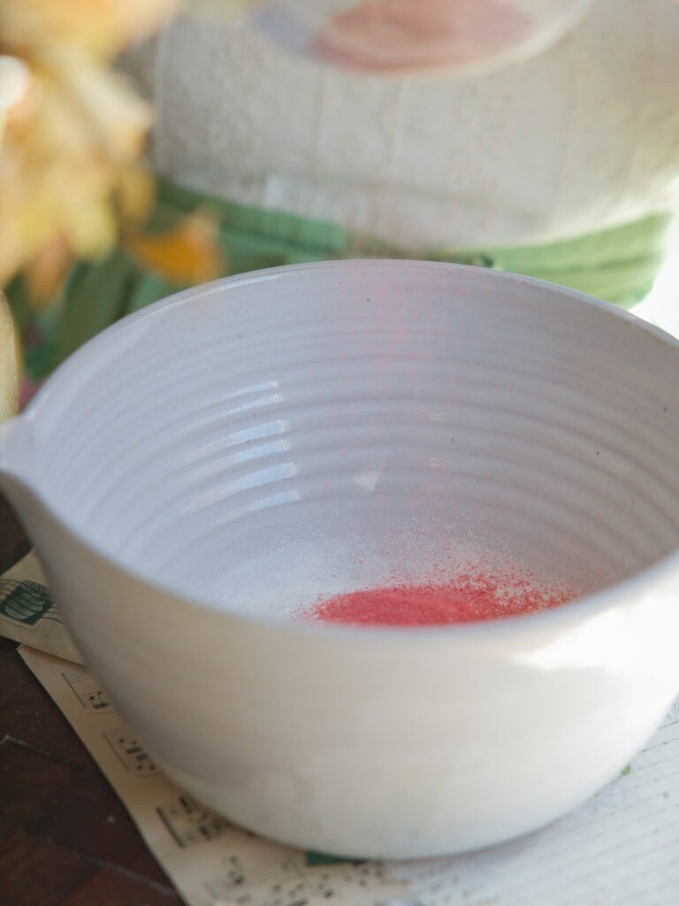 Perfect Cream Cheese & Strawberry Pink Mochi Recipe. 11 adding-ground-freeze-dried-strawberries-to-bowl-for-pink-mochi