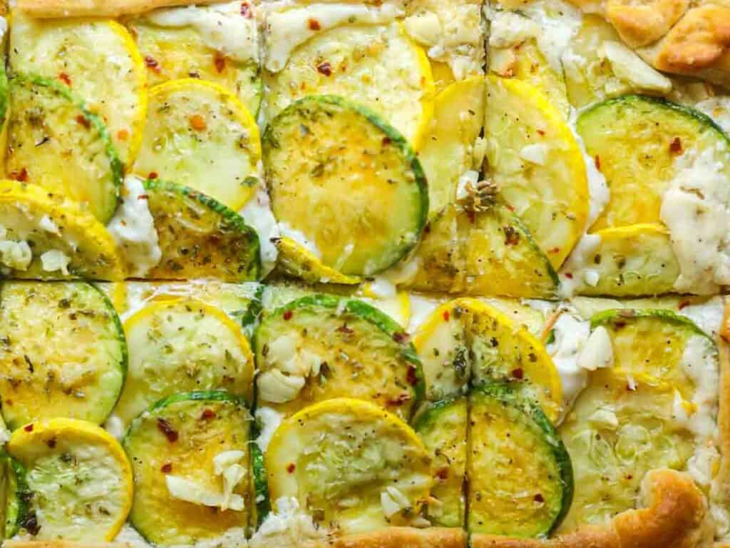 30-Minute Easy Cream Cheese Zucchini Tart (Vegan). 3 baked-zucchini-tart-top-down-sliced