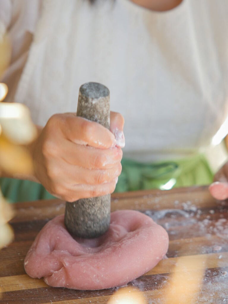 Perfect Cream Cheese & Strawberry Pink Mochi Recipe. 17 beating-pink-mochi-with-pestle