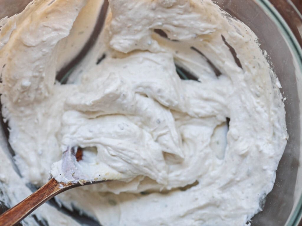 30-Minute Easy Cream Cheese Zucchini Tart (Vegan). 8 bowl-of-cream-cheese-filling-after-being-mixed