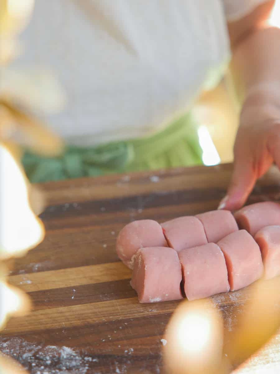Perfect Cream Cheese & Strawberry Pink Mochi Recipe. 21 cut-pieces-of-pink-mochi-before-shaping