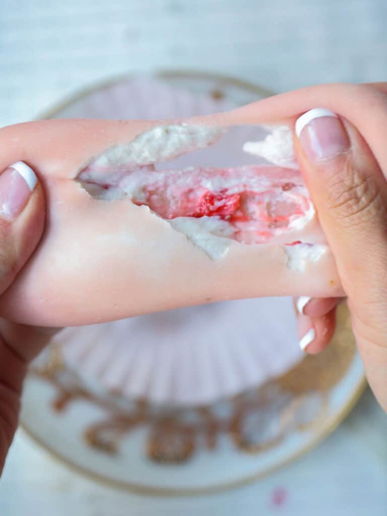 Perfect Cream Cheese & Strawberry Pink Mochi Recipe. 29 pulling-apart-pink-mochi