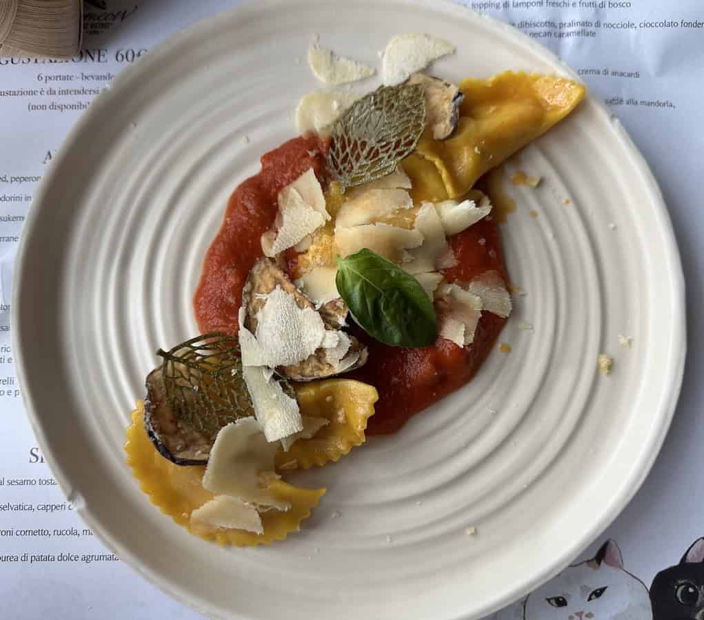 Traveling as a Vegan in Italy: An Easy & Delicious Guide. 2 A white plate with ravioli covered in tomato sauce, topped with shaved plant-based parmesan, a basil leaf, and decorative green leaf crisps conjures the flavors of Italy. The plate sits on a printed tablecloth.