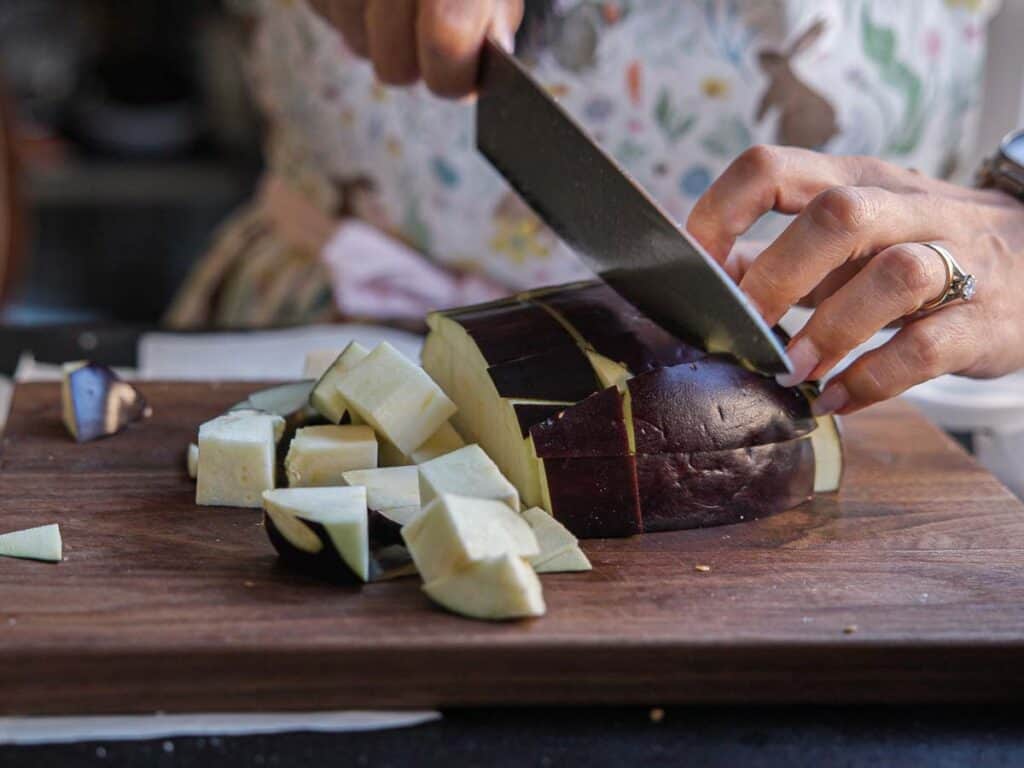 DELICIOUS Hi-Protein Vegan Mediterranean Toast Recipe. 5 chopping-up-globe-eggplan
