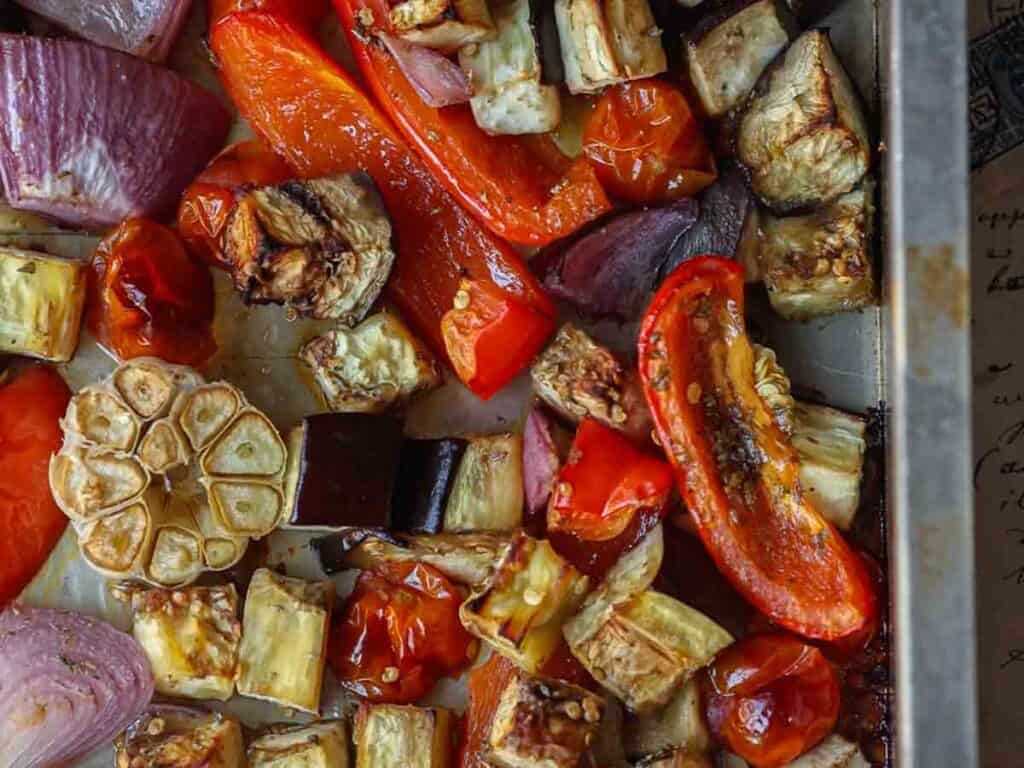 DELICIOUS Hi-Protein Vegan Mediterranean Toast Recipe. 7 close-up-of-roasted-fruits-and-vegetables-out-of-the-oven