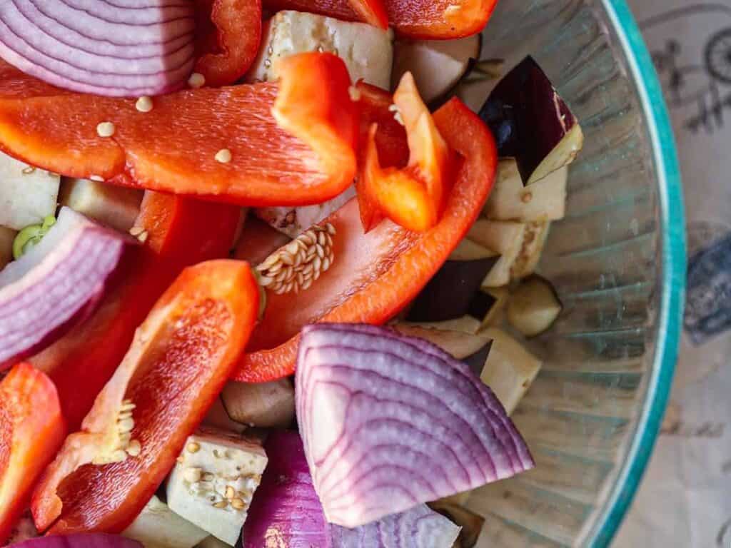 DELICIOUS Hi-Protein Vegan Mediterranean Toast Recipe. 3 closeup-of-chopped-vegetables-in-bowl.j