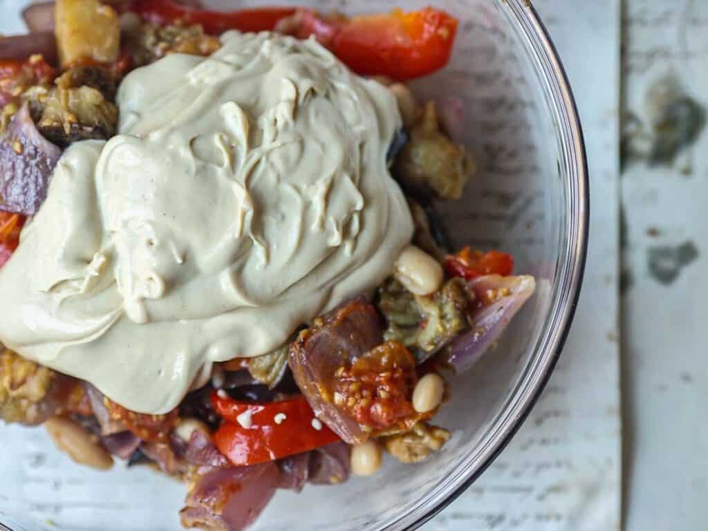 DELICIOUS Hi-Protein Vegan Mediterranean Toast Recipe. 10 oatmilk-skyr-and-roasted-vegetables-in-bowl.