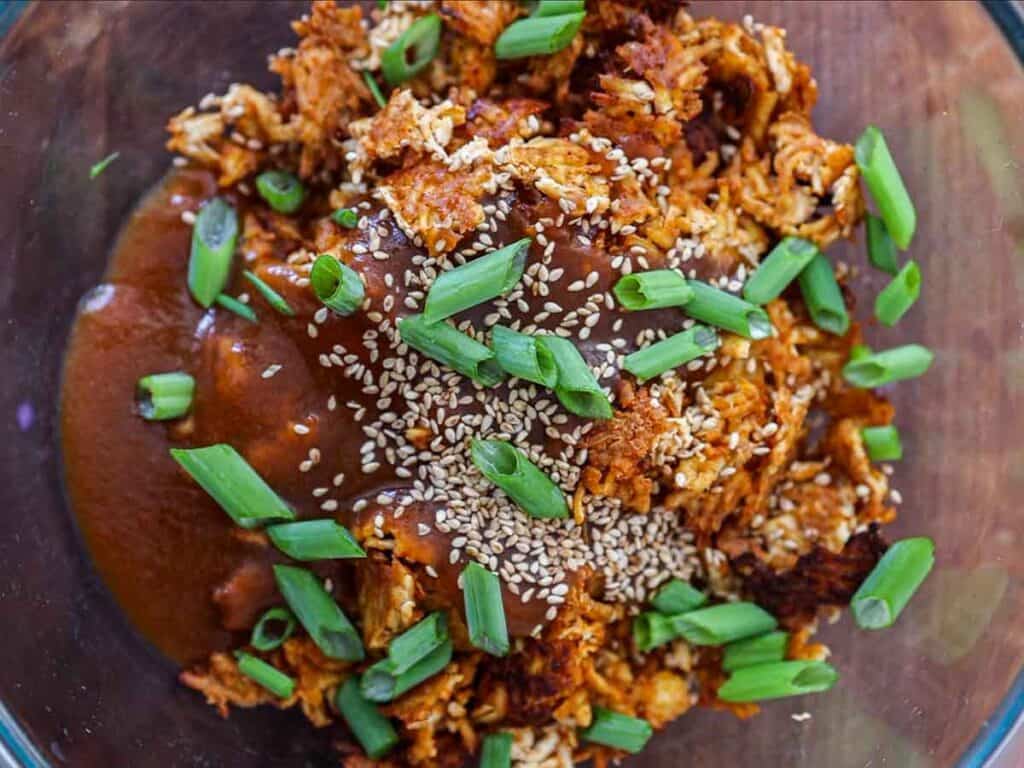 Easy Hi-Protein Vegan Lunch Meat: Korean BBQ Sandwich. 16 adding-green-onions-to-shredded-tofu