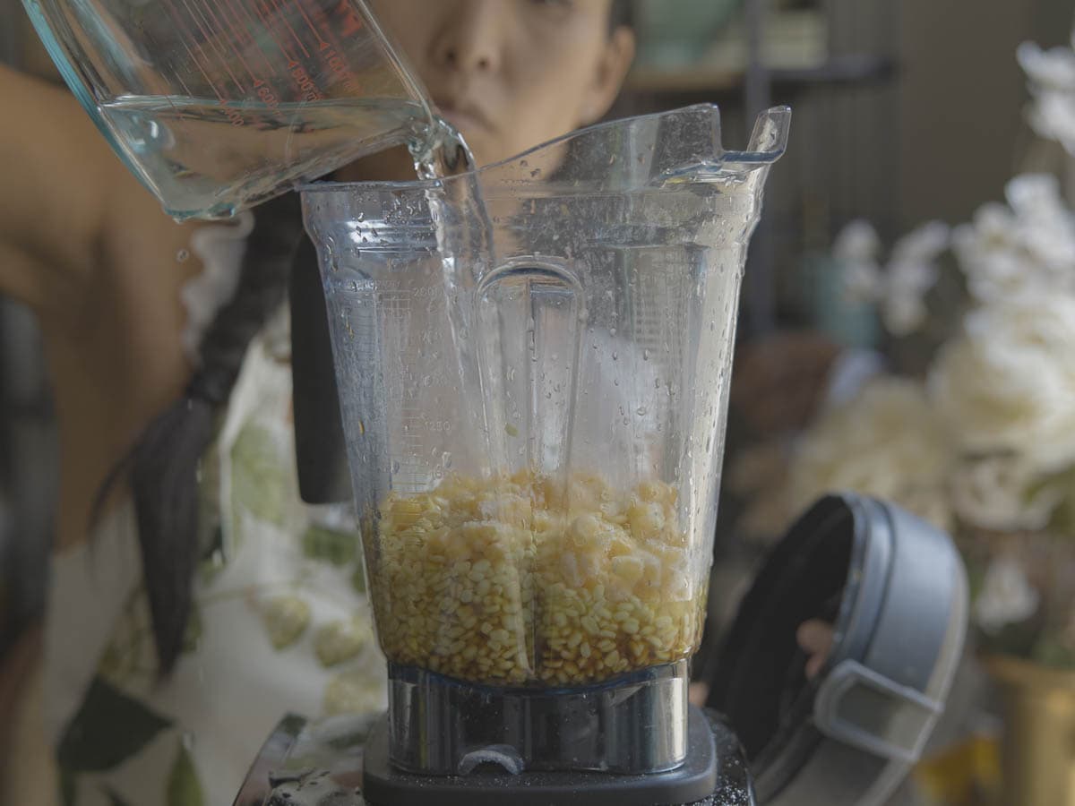 Stunning Vegan Bindaetteok: Korean Mung Bean Pancakes. 7 adding-water-to-blender-for-bindaetteok-batter.