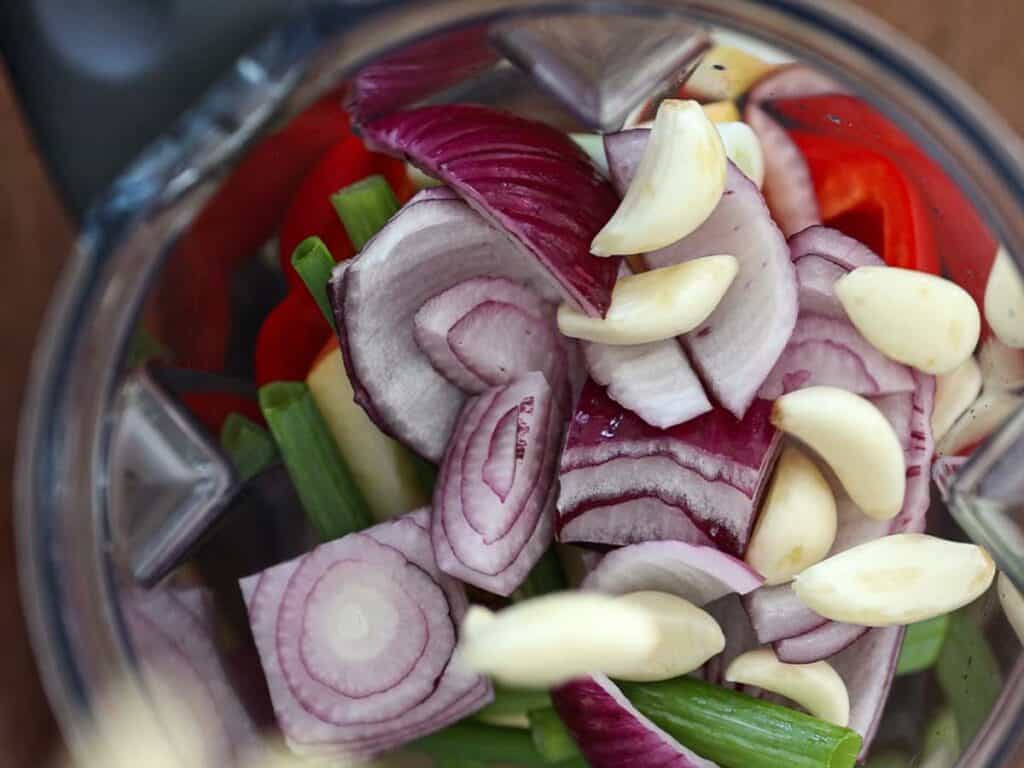 My Mom's Easy and Authentic Korean BBQ Sauce Recipe. 2 blender-with-onion-garlic-red-bell-pepper