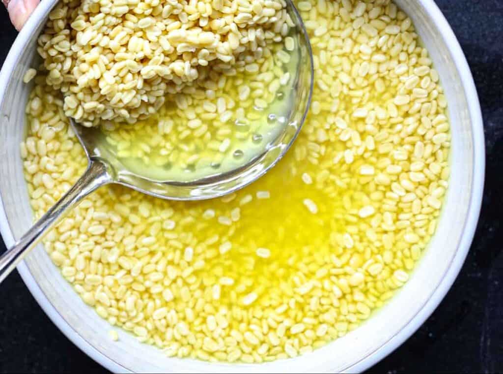 Stunning Vegan Bindaetteok: Korean Mung Bean Pancakes. 5 bowl-of-soaked-split-yellow-mung-beans