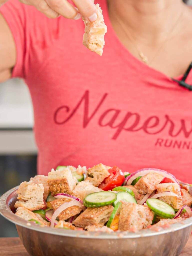 10-Minute Easy Bread Salad Recipe - Peach Panzanella. 3 bread-sopped-up-tomato-juice-2