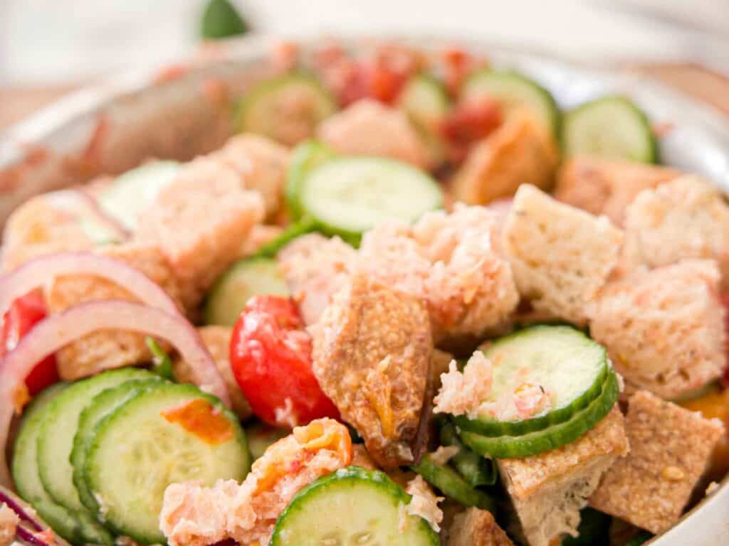 10-Minute Easy Bread Salad Recipe - Peach Panzanella. 2 close-up-shot-of-bread-salad