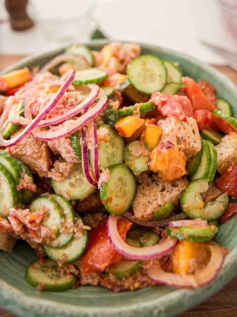 10-Minute Easy Bread Salad Recipe - Peach Panzanella. 21 close-up-shot-of-bread-salad-2