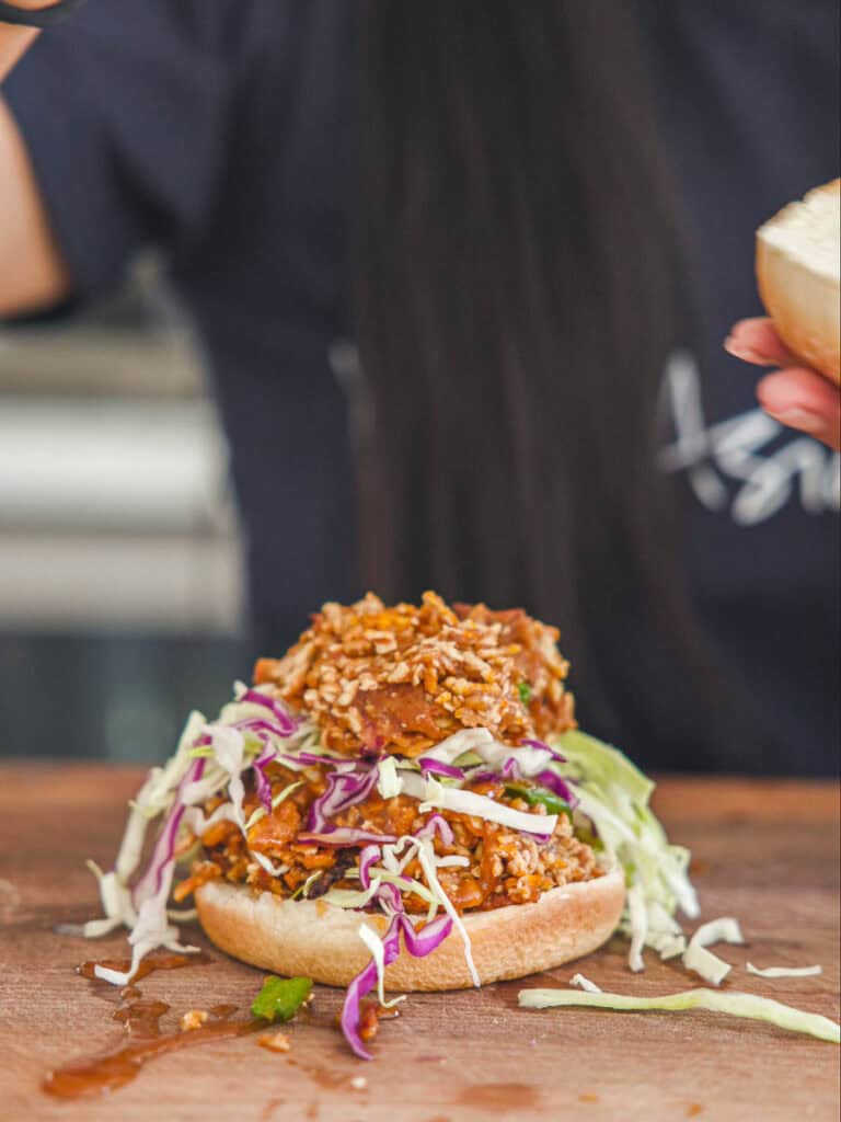 Easy Hi-Protein Vegan Lunch Meat: Korean BBQ Sandwich. 18 close-up-shot-of-open-faced-sandwich