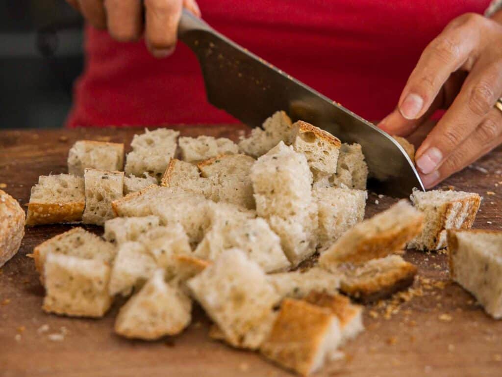 10-Minute Easy Bread Salad Recipe - Peach Panzanella. 12 cubes-of-old-bread-1
