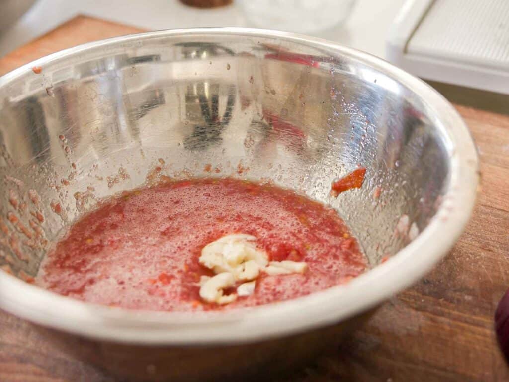 10-Minute Easy Bread Salad Recipe - Peach Panzanella. 11 garlic-cloves-in-grated-tomato-juice