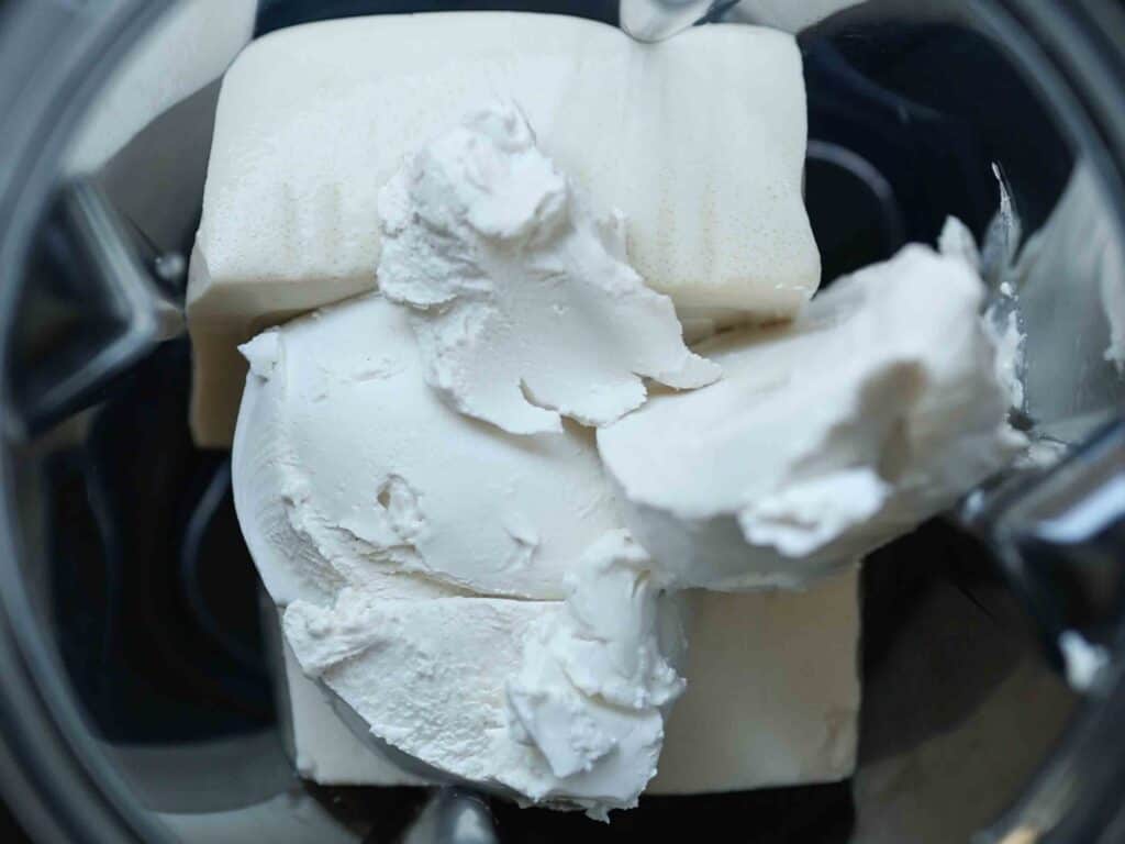 Super Easy and DELICIOUS Vegan Biscoff-Misu Recipe. 10 overhead-shot-of-tofu-and-cream-cheese-in-blender