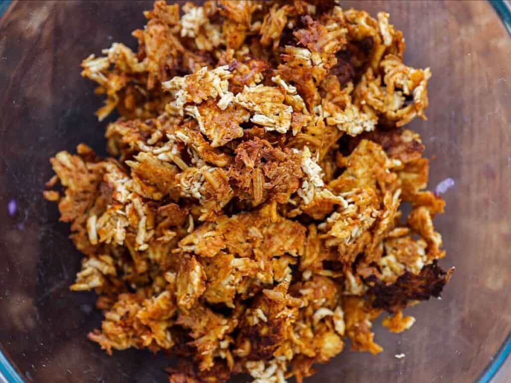 Easy Hi-Protein Vegan Lunch Meat: Korean BBQ Sandwich. 2 shredded-tofu-after-cooking-in-the-oven