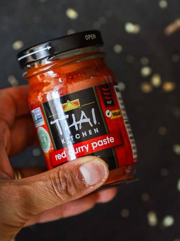 Hi-Protein Delicious Vegan Pumpkin Curry with Tofu. 6 close up of thai kitchen red curry paste in jar