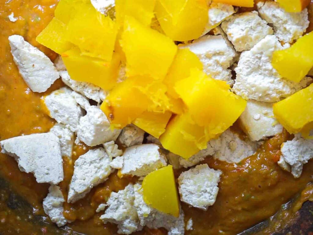 Hi-Protein Delicious Vegan Pumpkin Curry with Tofu. 27 adding tofu and boiled pumpkin back to curry