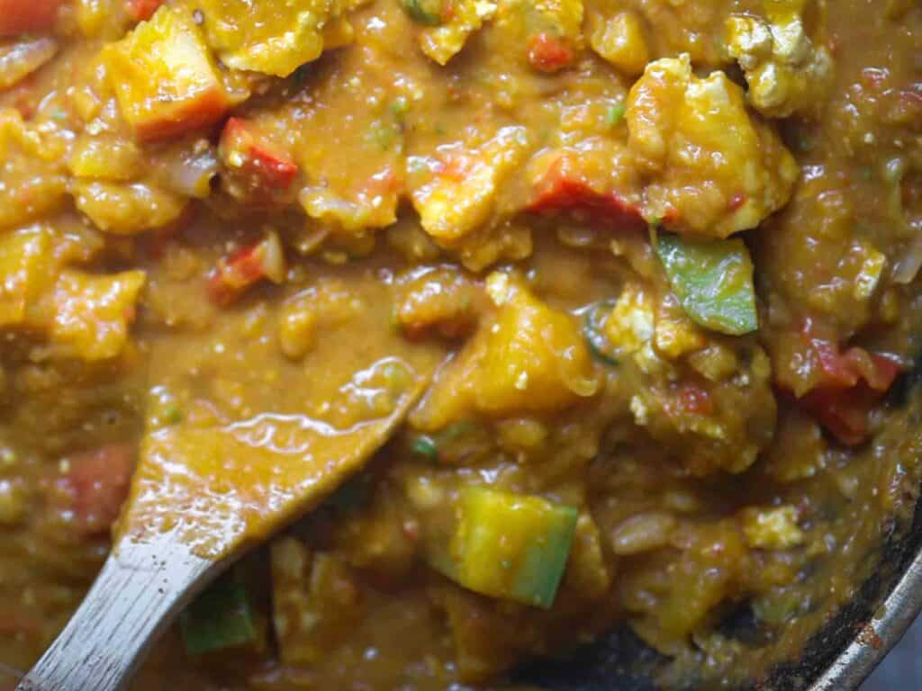 Hi-Protein Delicious Vegan Pumpkin Curry with Tofu. 3 close up shot of finished pumpkin curry