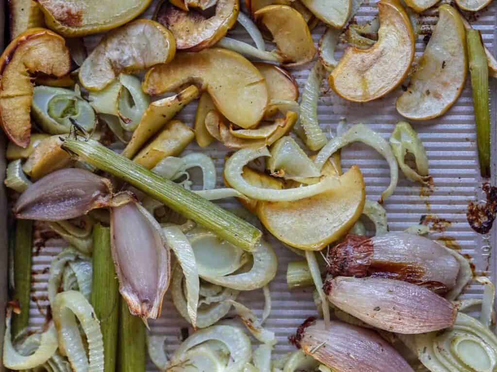 Easy and Healthy Miso & Butternut Squash Soup Recipe. 15 shot of roasted vegetables on sheet pan