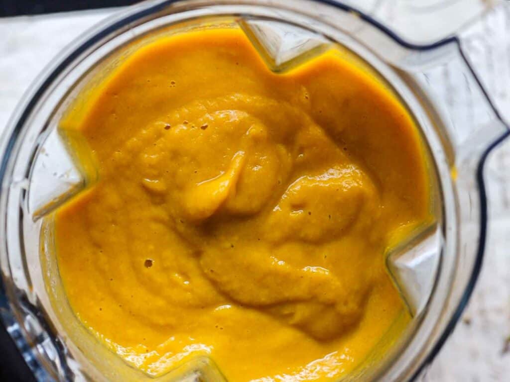 Easy and Healthy Miso & Butternut Squash Soup Recipe. 22 top down shot of blended squash soup