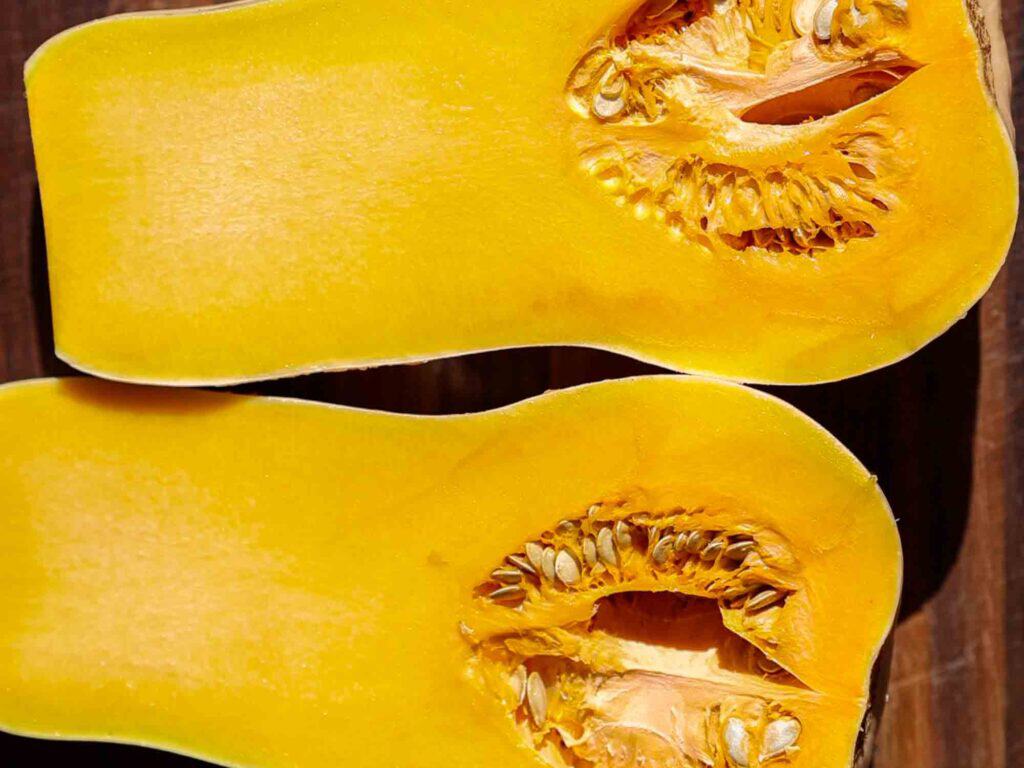 Easy and Healthy Miso & Butternut Squash Soup Recipe. 5 close up shot of butternut squash cut in half