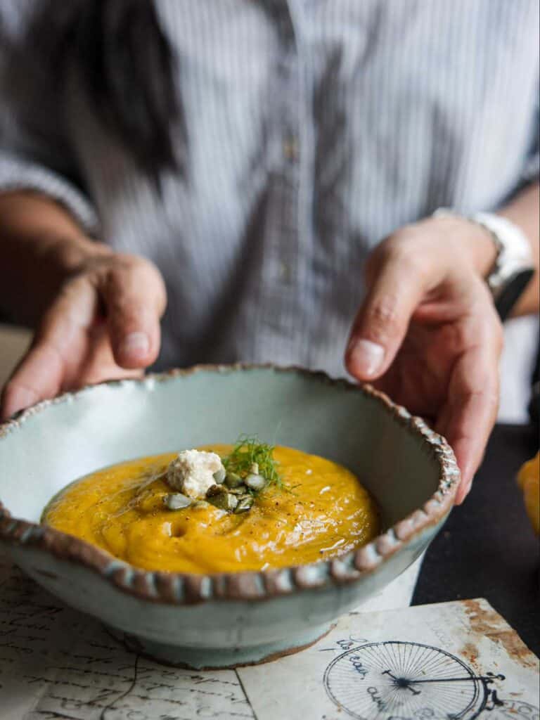 Easy and Healthy Miso & Butternut Squash Soup Recipe. 2 vertical shot of finished butternut squash soup