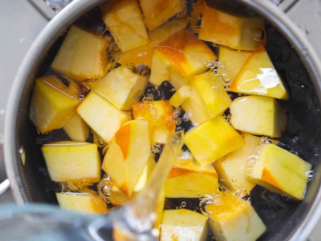Hi-Protein Delicious Vegan Pumpkin Curry with Tofu. 15 adding water to pumpkin cubes in pot